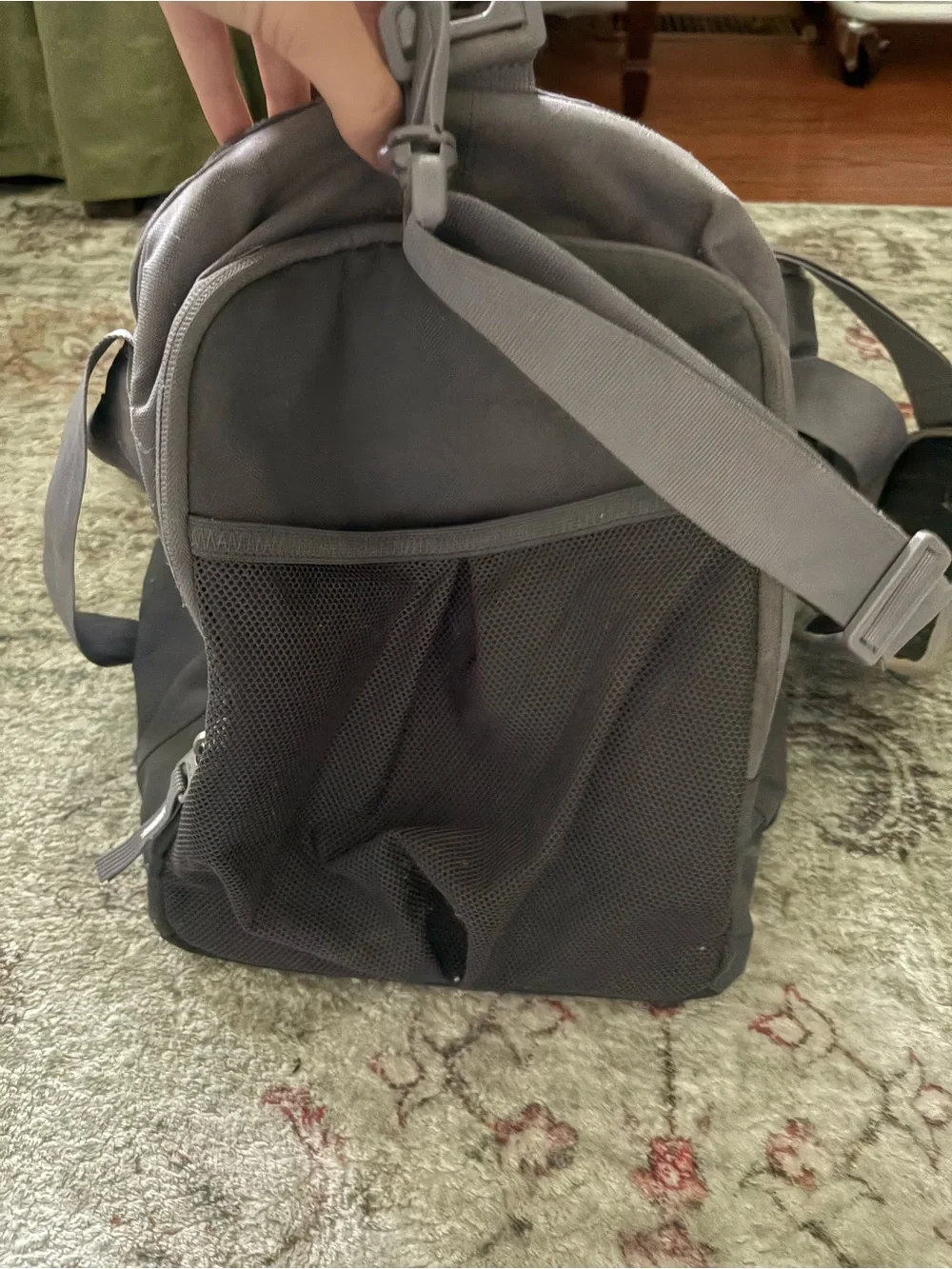 Nike Gray and Black Men's Duffel Bag with White Swoosh